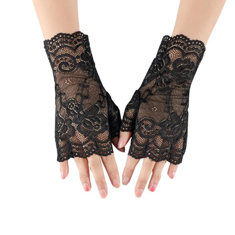 Damen-Handschuhe, kurze Spitze, halbe Finger, Spitze, Sonnenschutz, offene Finger, Zeremonie, Hochzeitsdekoration: Schwarz