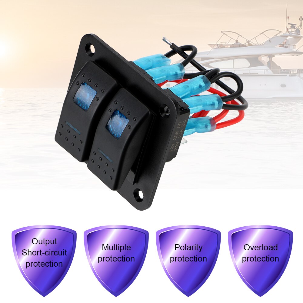 2 Gang Rocker Switch Panel for Car Marine Camper Caravans Travel Trailer LED Waterproof Switch Panel Circuit Breaker 12-24V