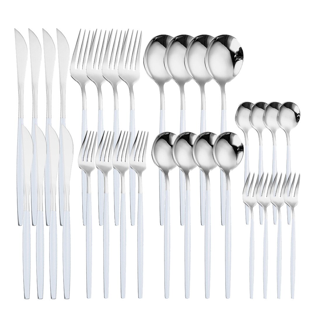 Pink Gold 32Pcs Cutlery Set Stainless Steel Dinnerware Mirror Resueable Luxury Home Knife Spoon Fork Tableware Set Flatware Set: white silver 4sets