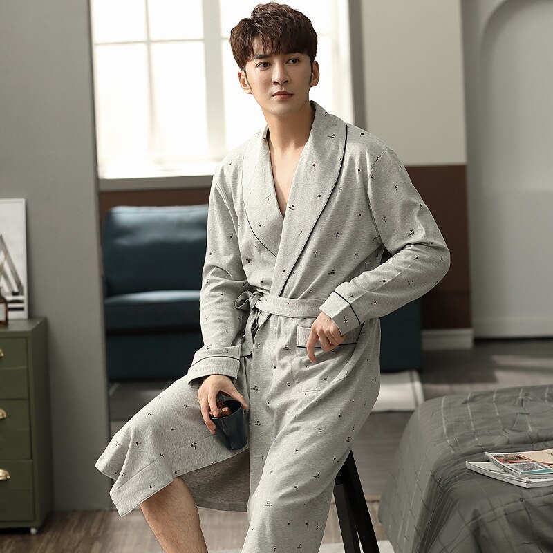 Spring Autumn Men Japanese Kimono Night-Robe 100% Cotton Casual Bathrobe Male Winter Long Sleeves V-shaped Collar Homewear