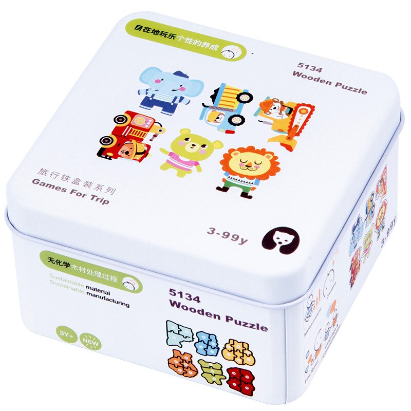 Mini Ijzeren Doos Houten Speelgoed Voor Kinderen Reizen Games Draagbare Blokken Domino Mozaïek Puzzel Cube Board Voorschoolse Educatief: Animal traffic