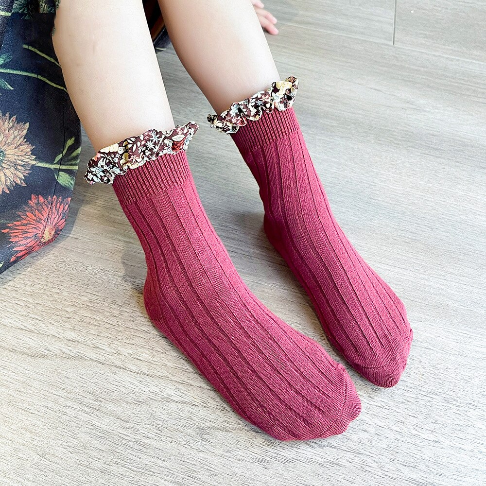 Sweet Floral Lace Girl Socks Princess Socks with Ruffle Cotton Baby Toddler Socks for 0-8 Yreas Children Kids Socks: Wine Red / S (0-2 years)