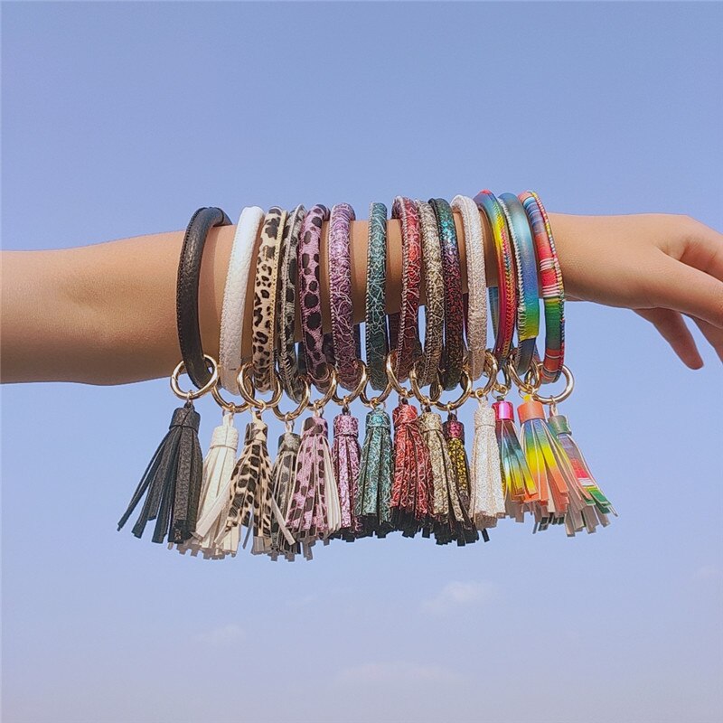 SEDmart PU Leather Keychain Bracelet for Women Big Circle Spot Tassel Wristlet KeyRing Wrist Strap Jewelry Women Accessories