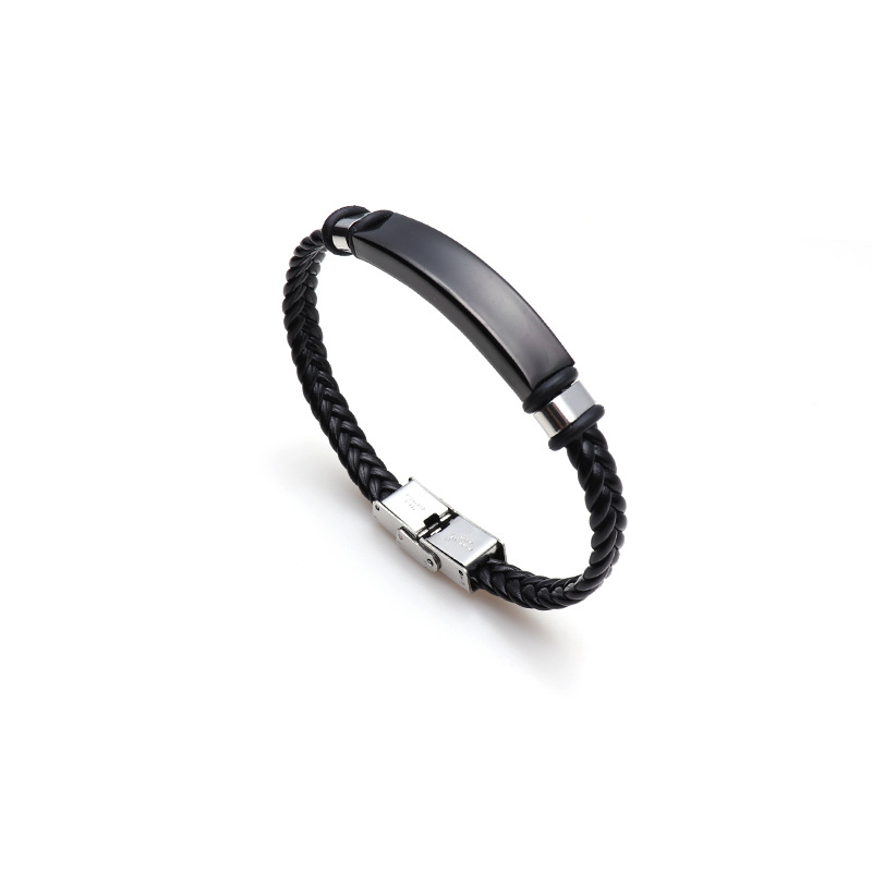 Punk Men Jewelry Black Braided Leather Bracelet Black/Silver Color Stainless Steel Charm Buckle Bangles Women: Black