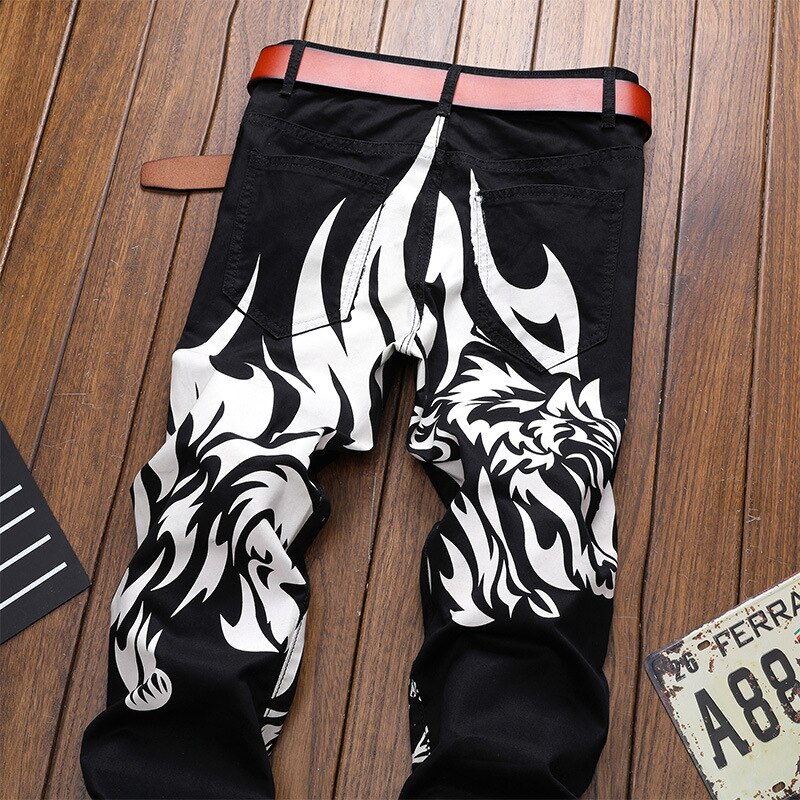 Men's animal printed black jeans slim skinny denim pants