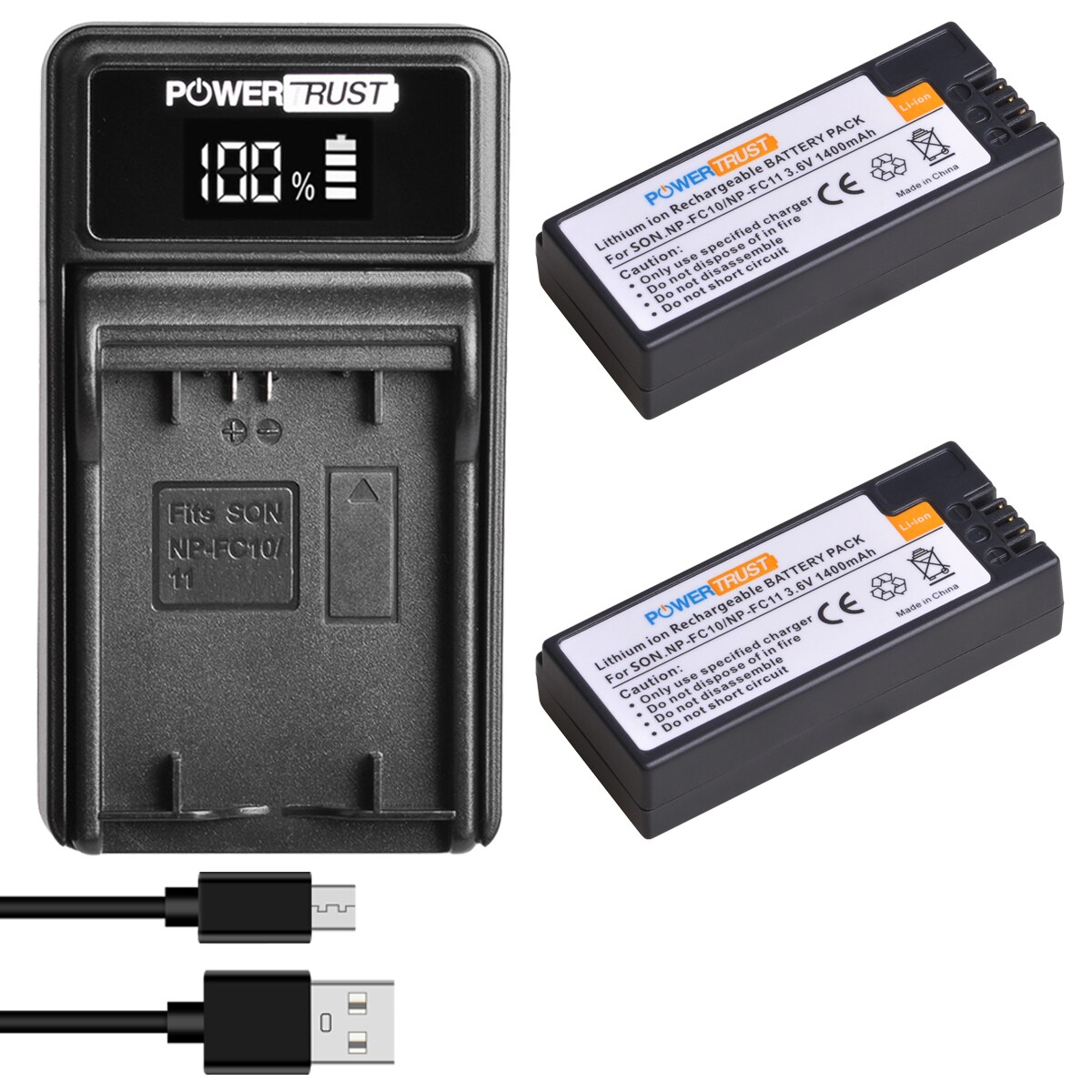 PowerTrust 1400mAh NP-FC11 NP-FC10 Battery and Fast USB Charger for Sony DSC-P2/P3/P5/P7/P8/P9/P10/FX77/F77A, DSC-V1 Cameras: 2 pack kit