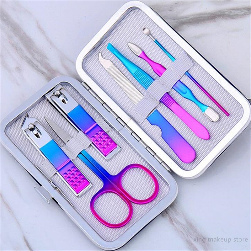 1 Set Rainbow Grandient Manicure Nail Kits Stainless Steel Nail Clippers Set Acne Needle Toenail Grooming Sets 30#: 7pcs