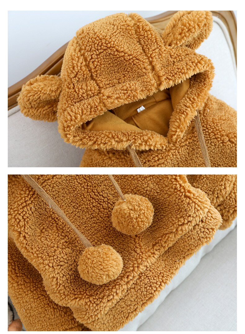 Winter Toddler Girls Clothes Boy Thicken Warm Cute Bear Top Baby Korean Lamb Wool Hooded Sweater