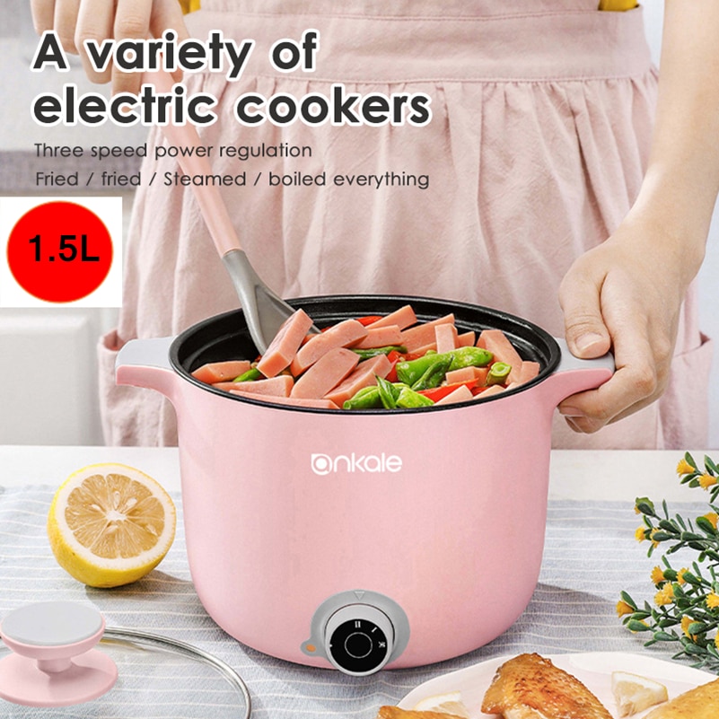 1.5L 220V Mini Portable Multifunction Electric Cooker Pot Frying Fired Food Stewing Pot Mini Rice Cooker Visible Glass