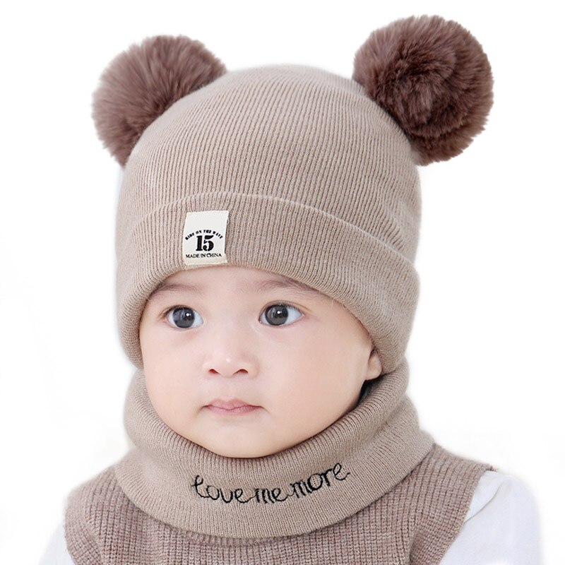 2 stuks/set winter baby muts sjaal schattige dubbele pompon mutsen sjaals gebreide warme baby jongen meisje muts o ring sjaal
