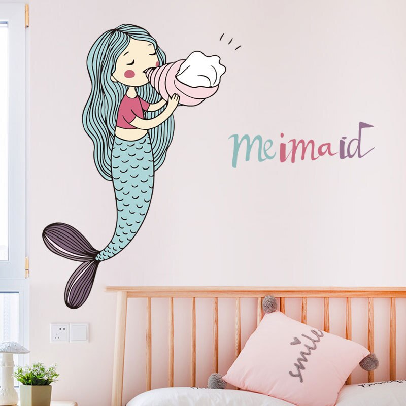 Cartoon mermaid blowing conch Wall Sticker for baby girl's room bedroom decorations wallpaper Mural nursery mermaid stickers