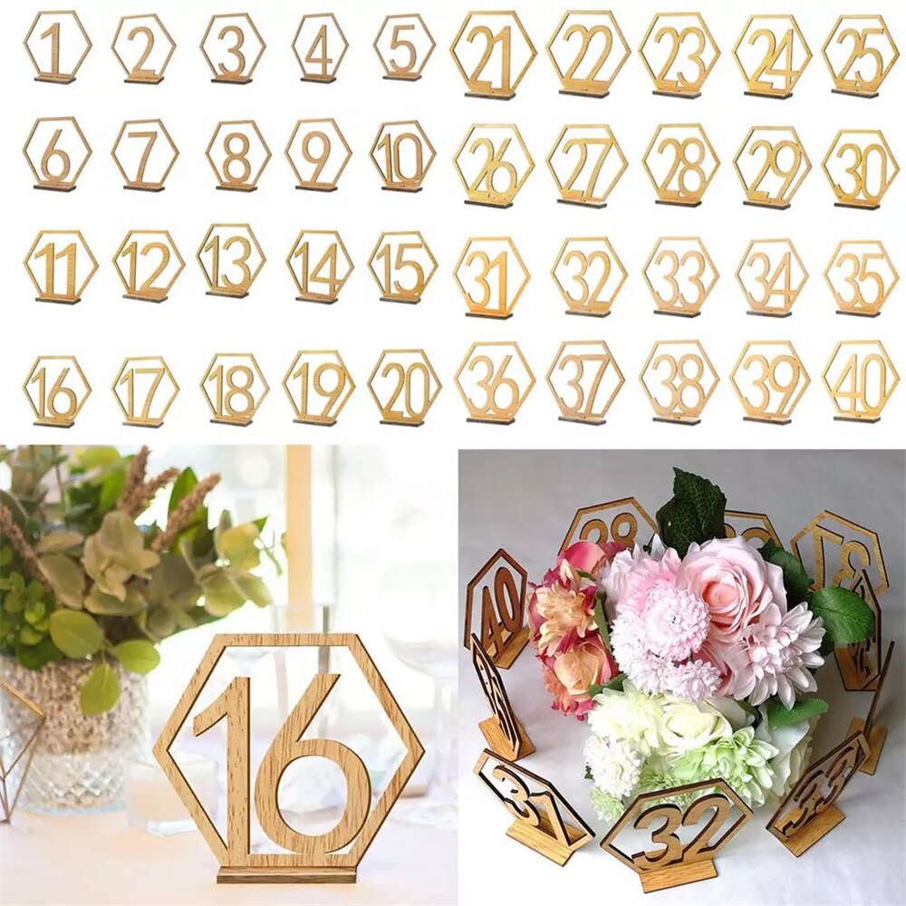 Letreros de madera para fiestas de cumpleaños, letreros de números de madera para mesa hexagonal de boda, para asiento de compromiso, , 10 piezas, 1-40