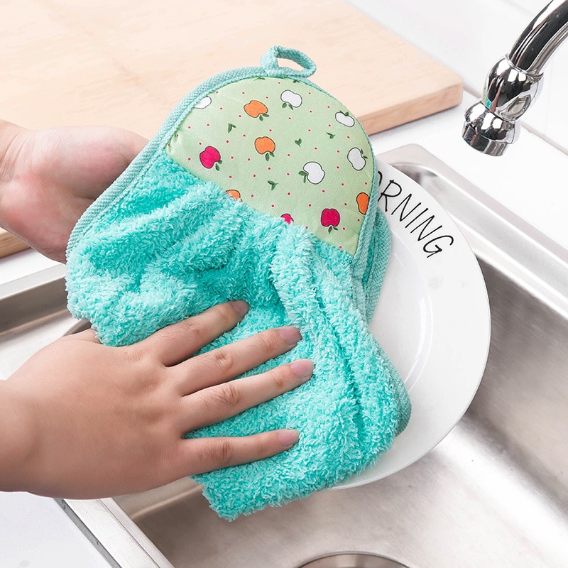 Blød klud tør håndklæde bomuld rent håndklæde hængende køkken badeværelse tyk non-olie-stick opvask hurtigtørrende håndklæde