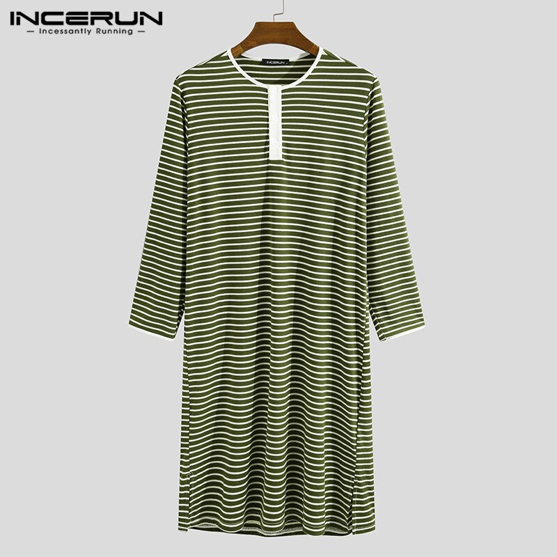 INCERUN Men Homewear Nightclothes Men Striped Sleep Tops Long Sleeve Round Neck Loose Nightgrown Casual Comfortable Sleepwear