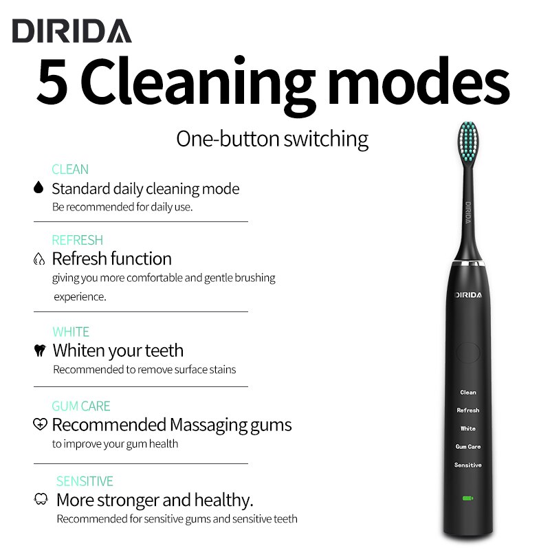 Dirida S100 Oplaadbare Sonische Tandenborstel IPX7 Waterdichte Elektrische Tandenborstel 5 Modus Cleaning Tanden Oral Care