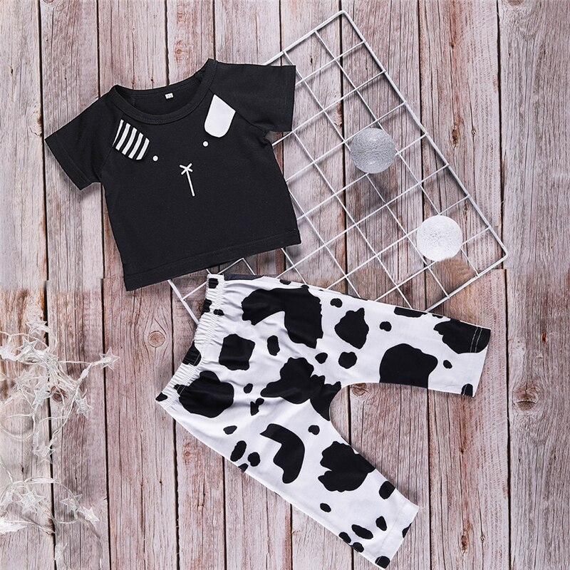 Sommer nyfødte børn baby dreng bomuld t-shirt toppe+ko printede bukser bukser outfits tøj 2 stk.: 6m