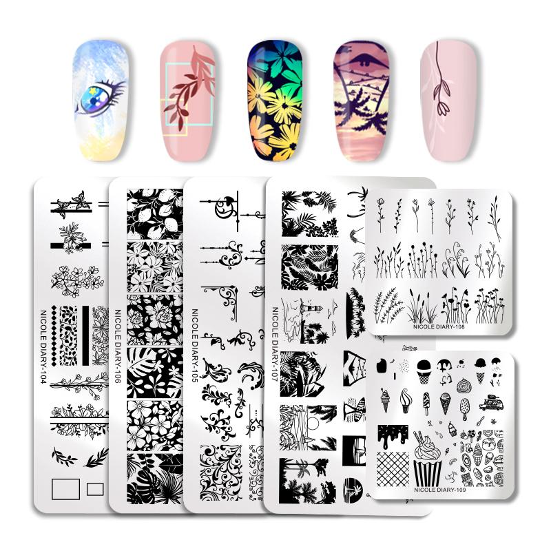 Nicole dagboek rechthoekige nagelstempelplaten roestvrij staal bloemen zomer strand afbeelding sjablonen nail art sjablonen gereedschap
