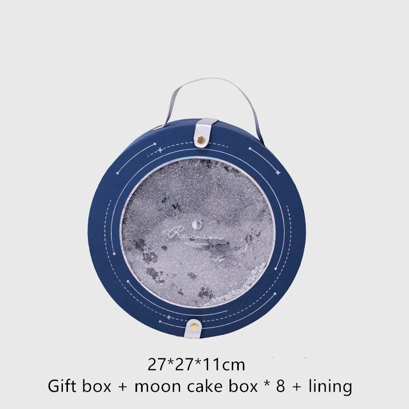 Mid-autumn moon cake box round packaging box 8 pieces box portable high-end empty box moon cake box packaging bag: Blue