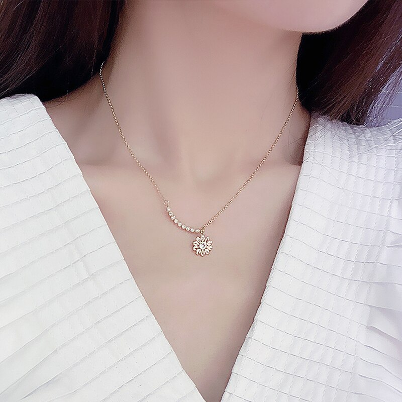 Korean Exquisite One Row CZ Daisy Necklace for Women AAA Zircon 14K Real Gold Waterproof Luxury Kolye Wedding Jewelry Pendant