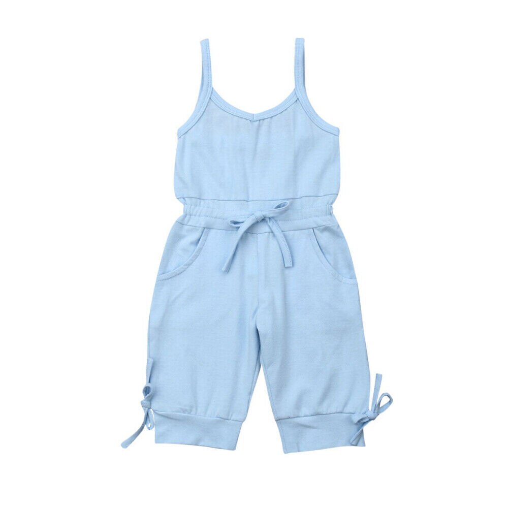 Barboteuse sans manches pour enfants, vêtements d'été pour bébés filles de 1 à 6 ans, couleur unie, salopette sans manches, combinaisons courtes: Bleu / 5T