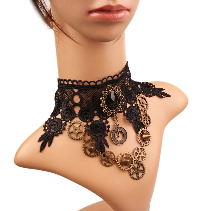 Choker ketting voor steampunk halloween punk kostuumfeest retro tandwielklok  r2le