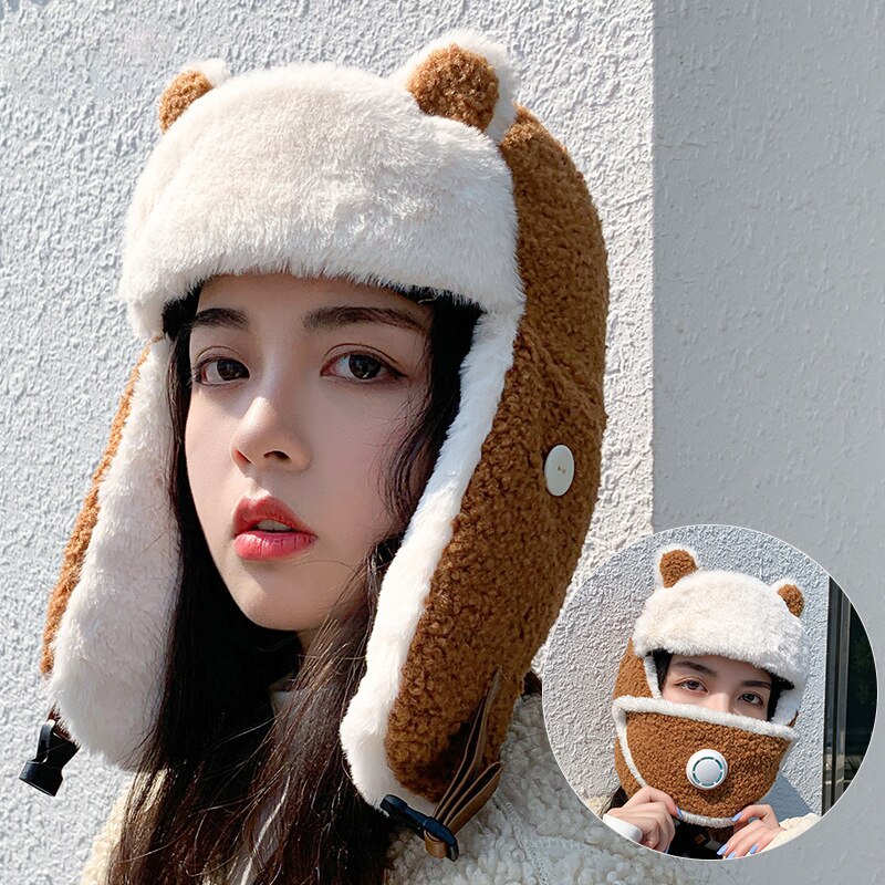 Gorro térmico 3 en 1 de piel para mujer, gorro con solapa para las orejas, máscara de esquí, para chica, a prueba de viento, Ushanka, Border, gorros de piloto: Tan