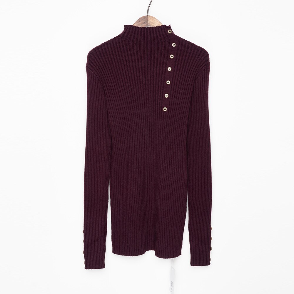 Geribbeld Mock Hals Trui Vrouwen Winter Gebreide Lange Truien Vrouwen Trui Jumper Met Zijknoppen: Plum