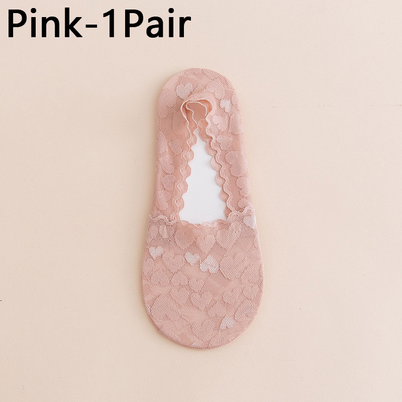 Calcetines tobilleros invisibles sin costuras para mujer y niña, medias tobilleras de encaje con forma de corazón, 1 par: Pink