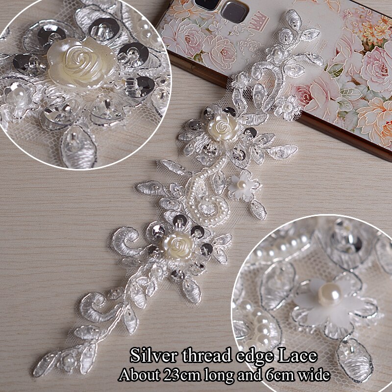 Handtailor kant applique in flarden zilverdraad rand 3d bloemen borduren kant met sequin lace applique voor trouwjurk