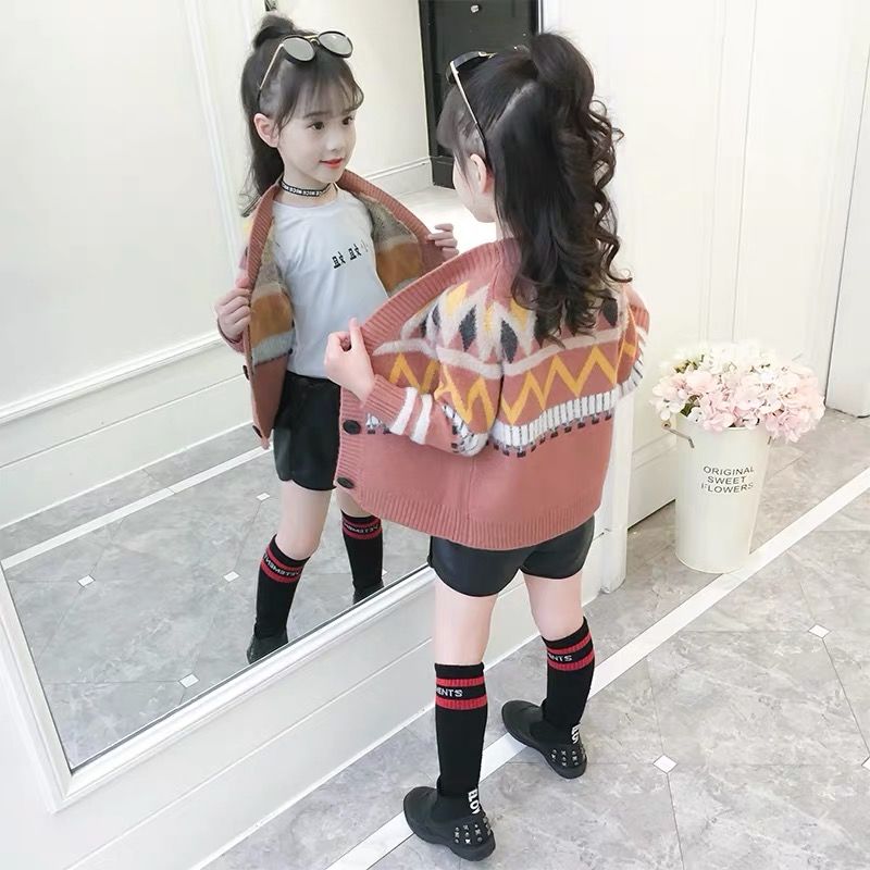 ins girls sweater 4-13 years old cardigan cotton clothes Diamond wavy line pattern spring and autumn thin sweater: pink / 5T