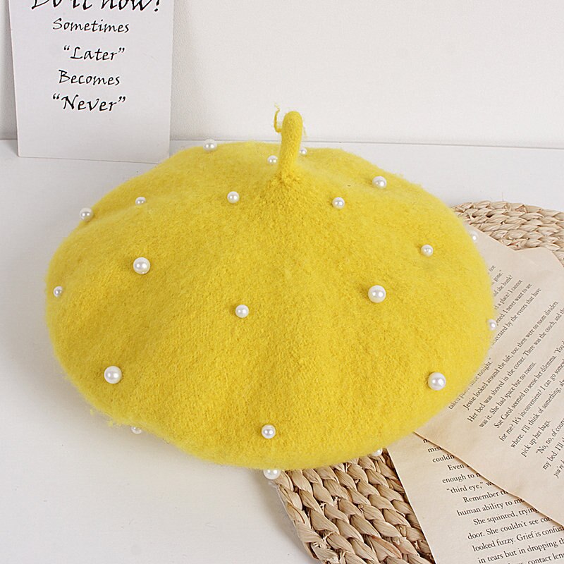 Crianças da criança menina boina de lã chapéu outono inverno quente clássico estilo francês frisado pérola gorro boné moda infantil para 2-8y: H