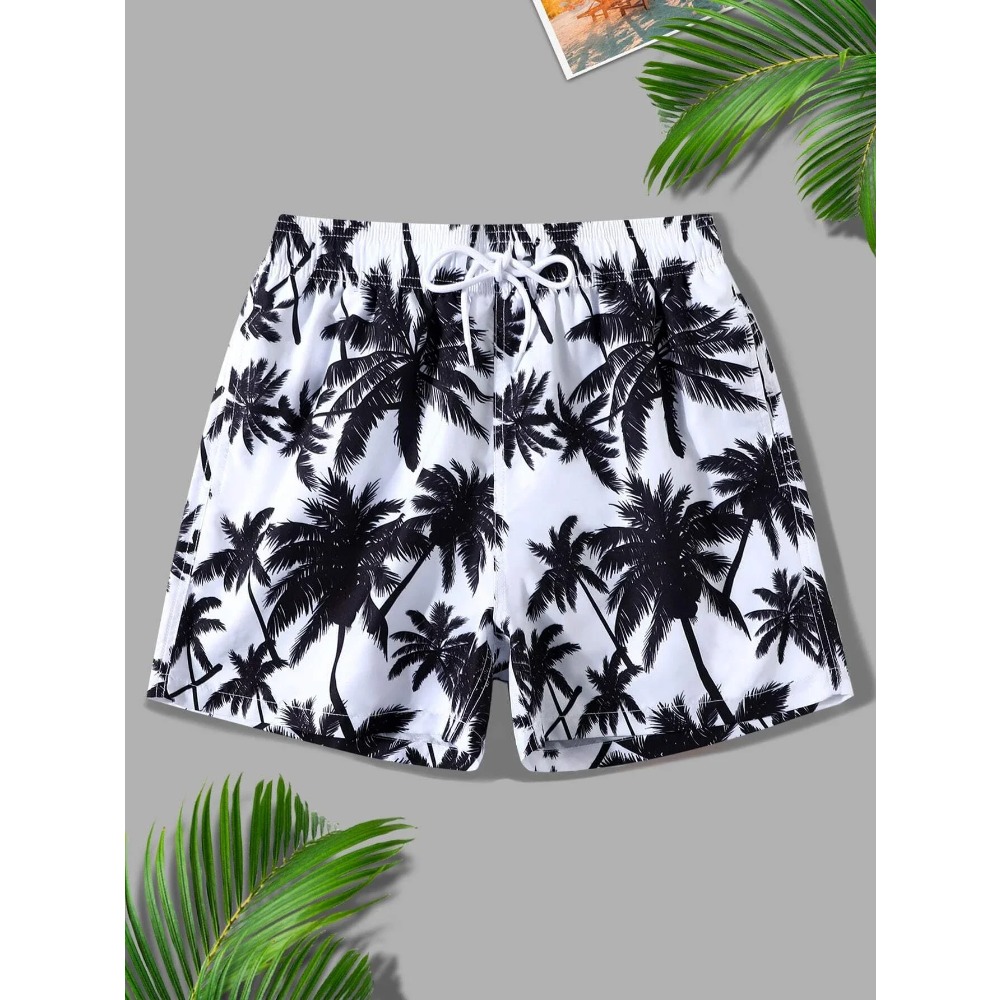 Calções de banho masculinos com estampa de coqueiro 3d, shorts de natação, verão, macio e respirável, poliéster, praia, surf