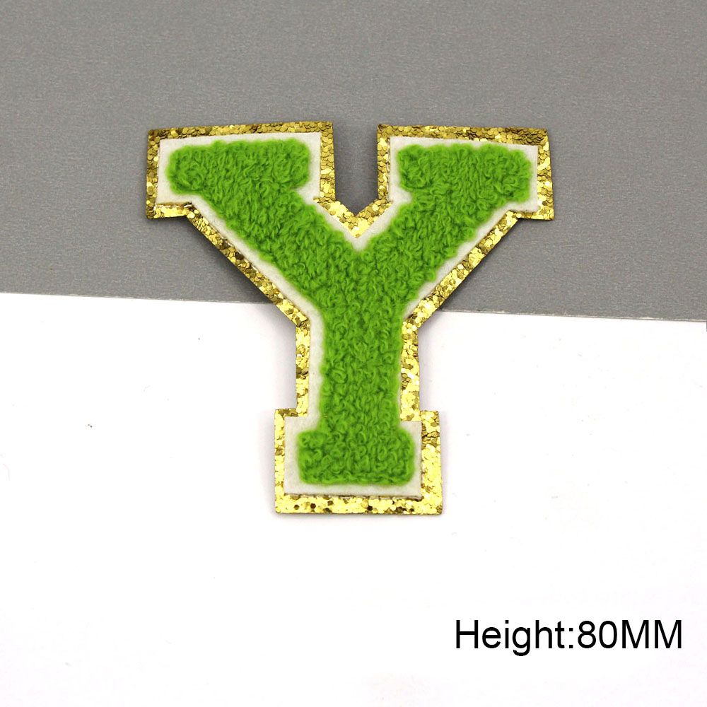 Parche bordado con letras verdes para ropa de niños, parche para planchar, bolsos, Jeans, apliques de chenilla, nombre DIY, 80MM