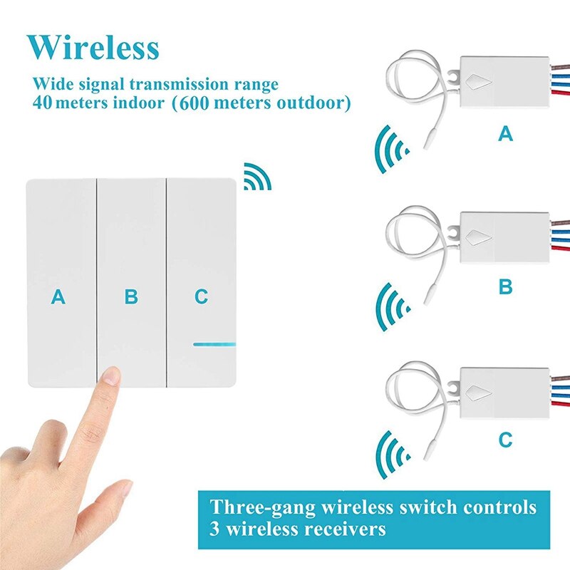 3 Way Remote Wireless Light Switch Receiver Kit Waterproof,Easy Installation,No Wiring,On/Off Control Multiple Lights