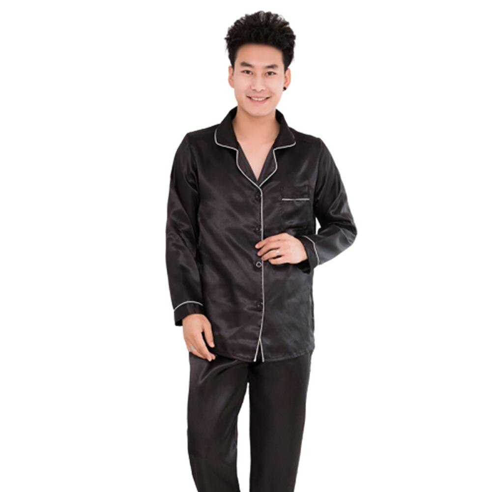 Silk Satin Men Pajamas Set Sleepwear Couple Solid Color Long Sleeve Suit: Black / L
