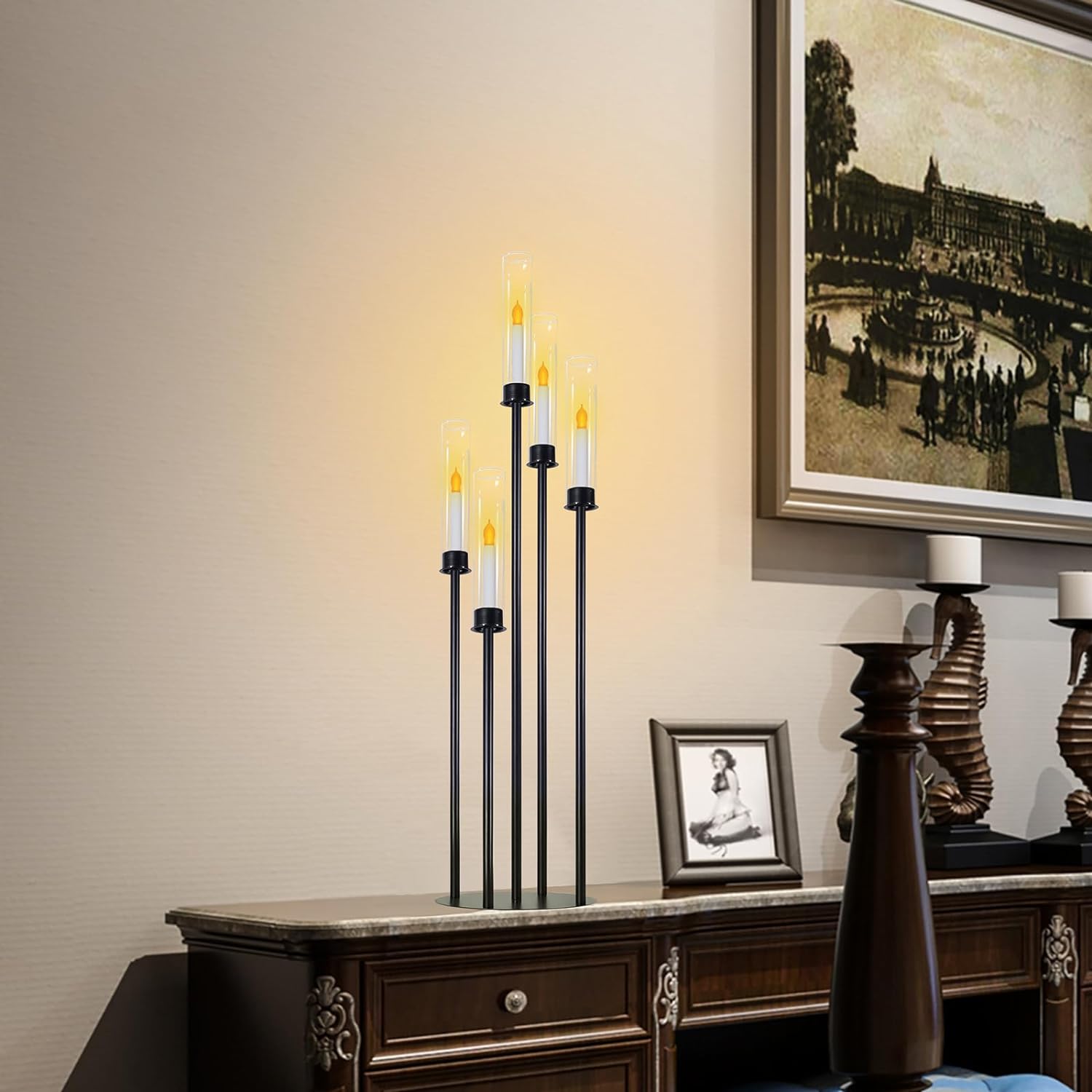 Black Candle Holder with Acrylic Cylinder for LED Candles 5-Head Metal Candle Holder Wedding Centerpiece Ceremony