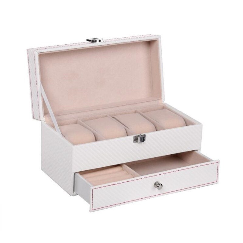 4 Grids Double Layer Watch Box Carbon Fiber PU Watch Case Boxes Holder Organizer Jewelry Box for Wedding Decoration Best: White Beige