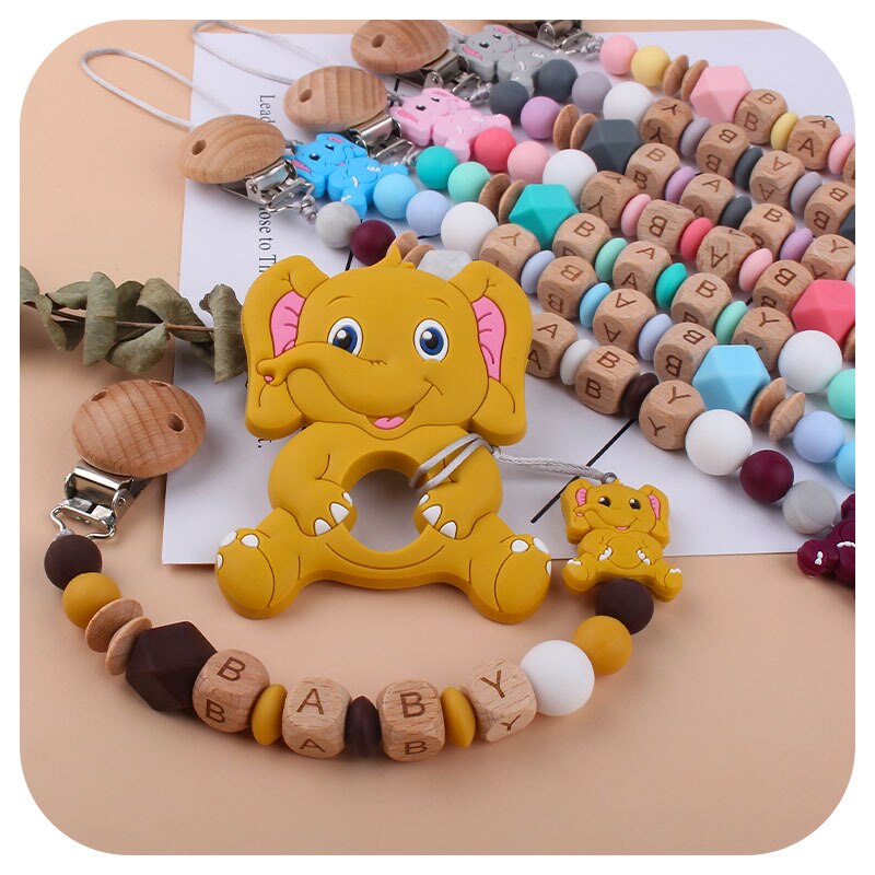 Cute Elephant Baby Infant Chewing Silicone Pacifier Soother Dummy Clips Chain Set Newborn Baby