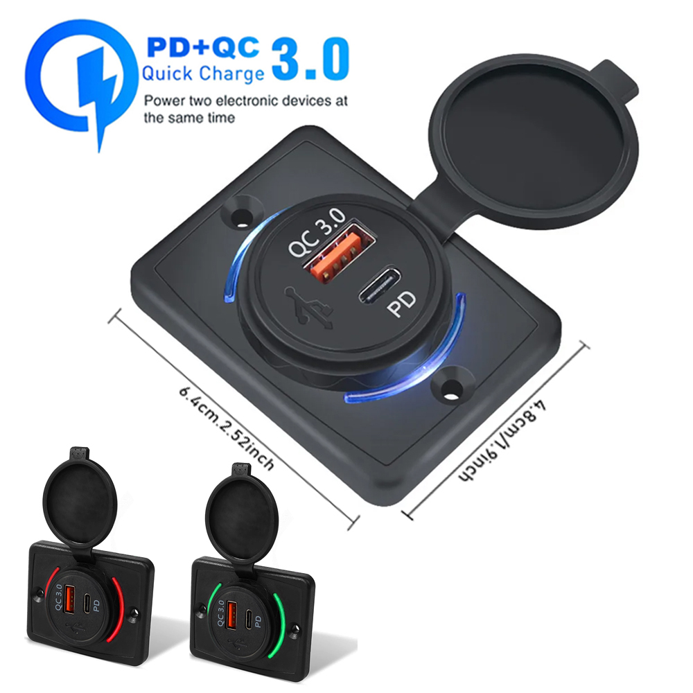 Cargador Usb Pd Qc 3,0 de carga rápida con cubierta, cargador Usb con luz Led de carga rápida resistente al agua de 38W para coches, barcos, autobuses y vehículos recreativos