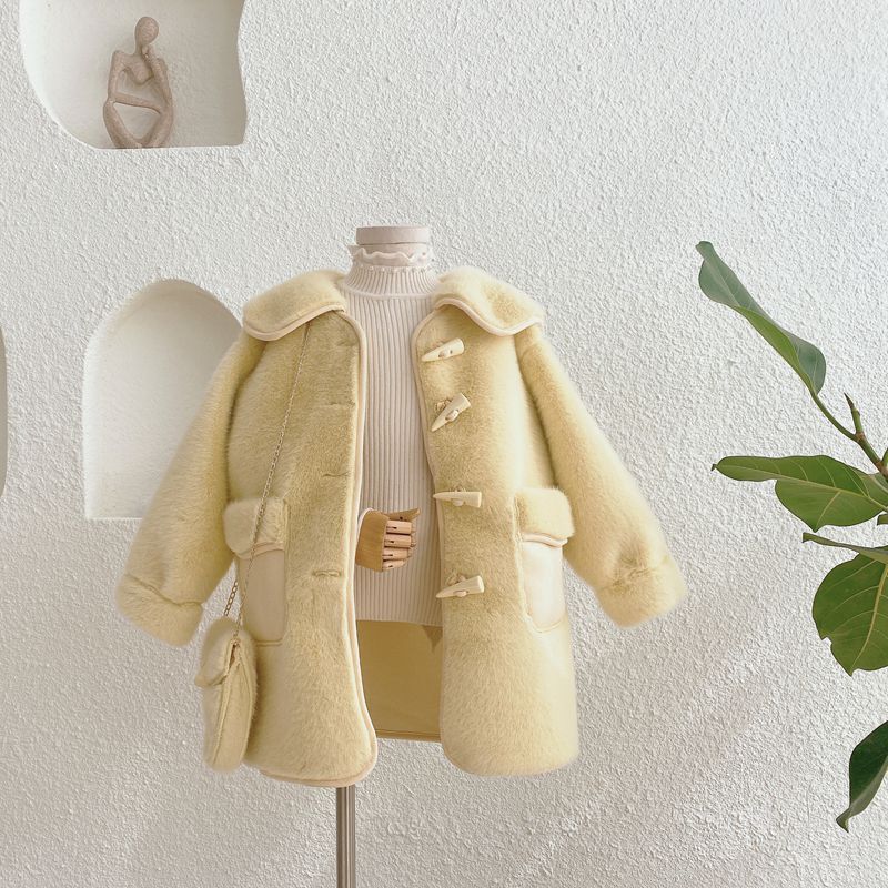 Meisjes Lange Imitatie Bontjas Kinderen Winter Dikke Jas + Bag4-11Y: YELLOW / 10T 11T