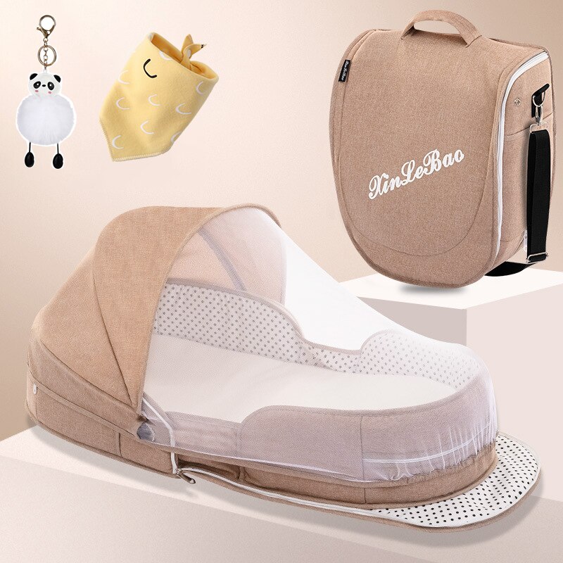 Lit de bébé portatif, couffin multi-usage pour voyager avec un -né, berceau portable, avec matelas et moustiquaire, pliable, cordon ajustable: A Khaki with nets