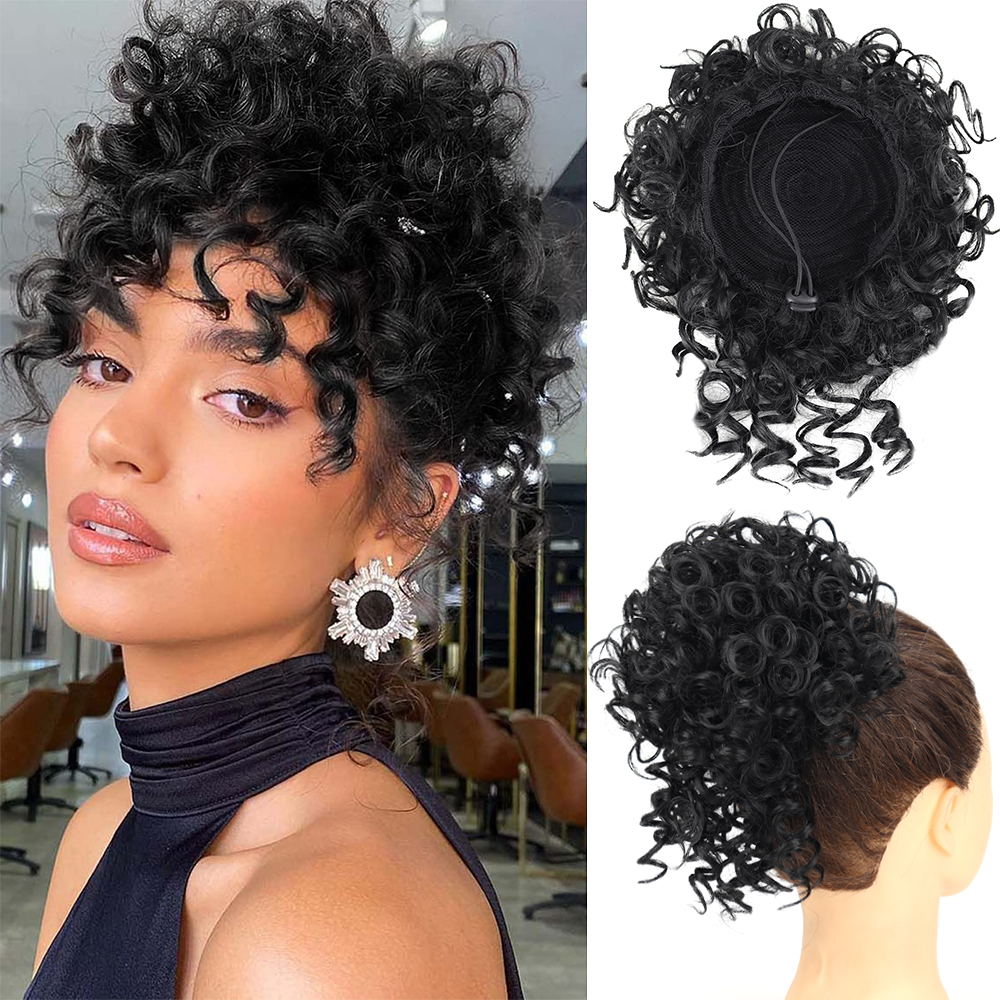 Coque de cabelo bagunçado, peça de cabelo com cordão elástico, onda solta, grande coque encaracolado, 60 gramas, extensão de rabo de cavalo sintético curto para mulheres: T1B/4/30