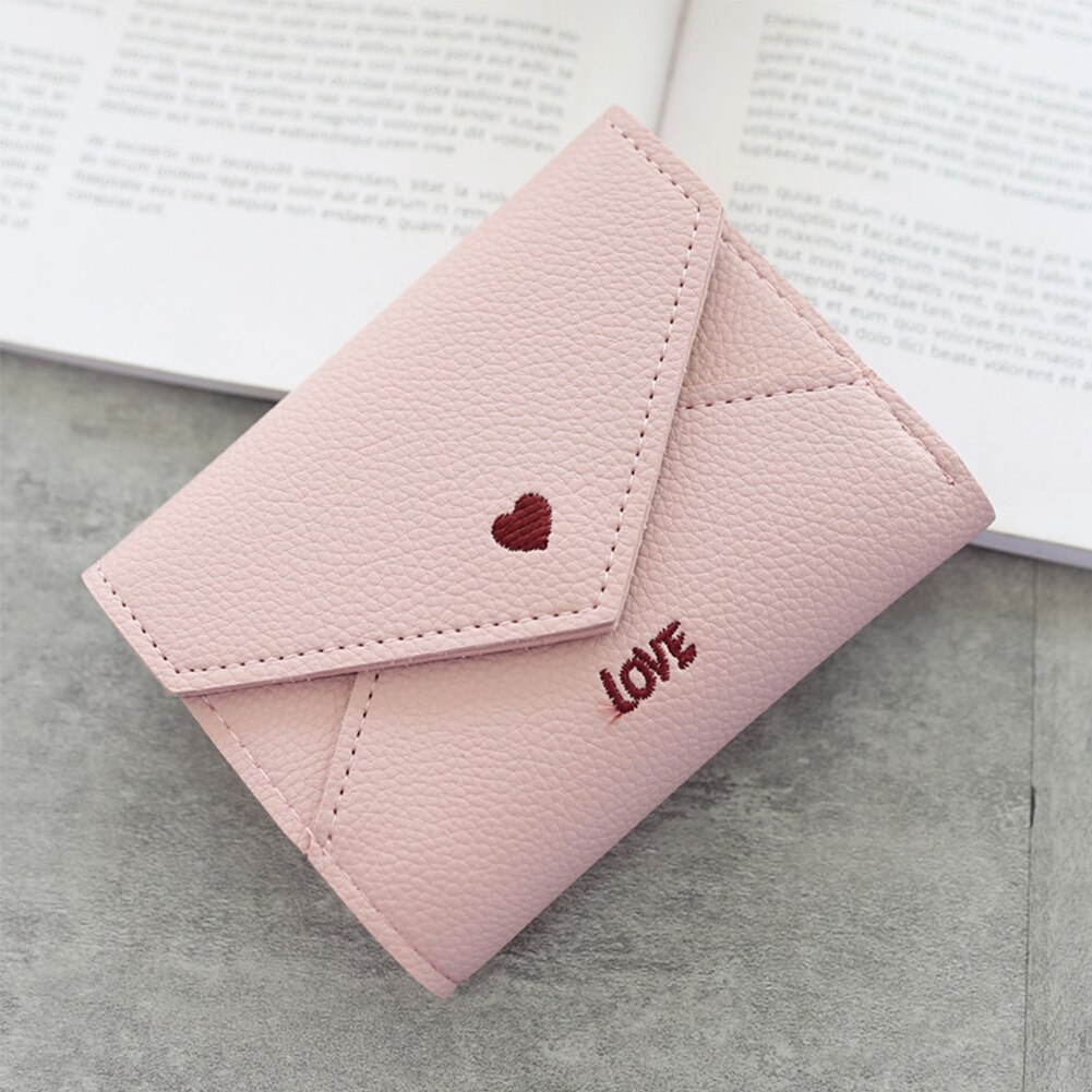 Heart Pattern Portable Mini PU Leather Multifunctional Small Embroidery Coin Pocket Three Fold Card Slots Women Wallet: Light Pink