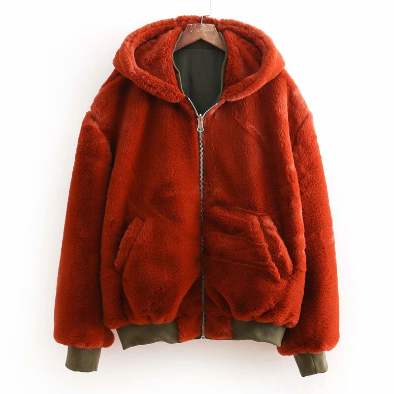 Long sleeve black winter women's double-sided wearing bomber jacket jacket wild loose faux fur hooded women's jacket: Red / L