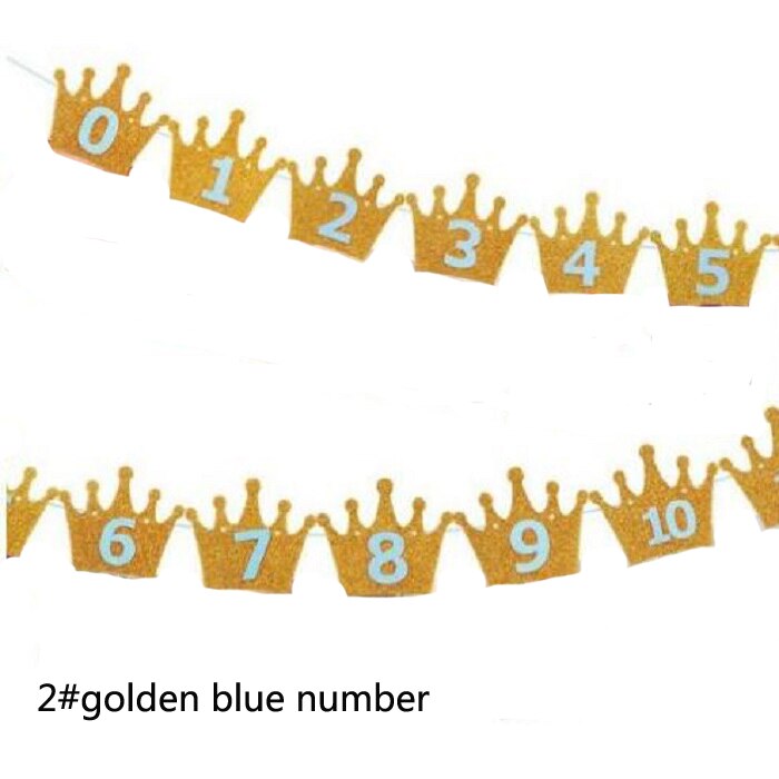 Gouden/zilveren kroon feestvlag 1e verjaardag wimpel bel slinger banner wimpel decoratie diy bedankje: 2 gouden blauwe nummers