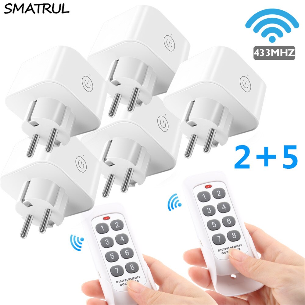 SMATRUL 8 Keys Wireless Remote Control Smart Socket EU Plug Wall 433mhz Programmable Electrical Outlet Switch 220v 230v LED: 2 remote 5 socket EU