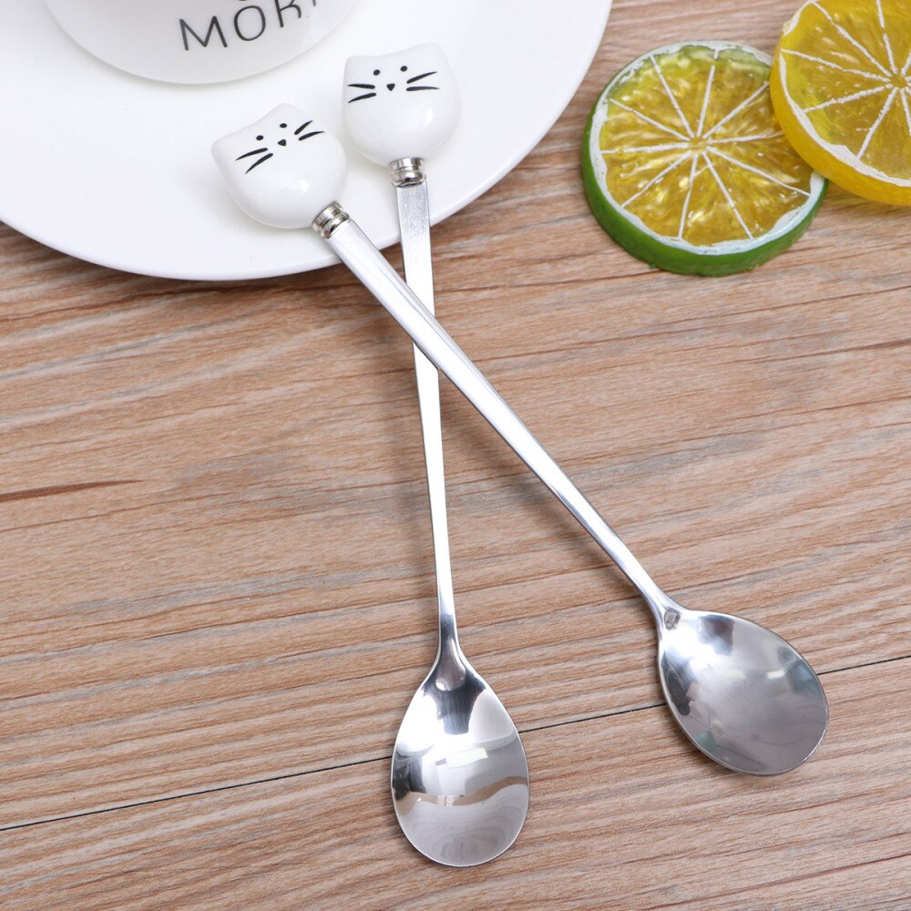 1 pc keramiske og rustfrie stål små skeer tegneserie kitty kaffe te omrøringsske (sort kitty): Hvid 1