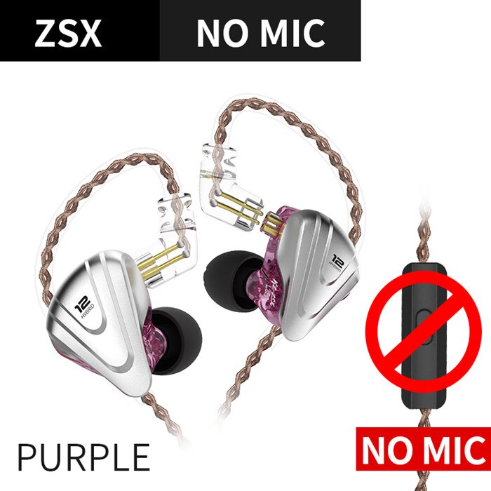 Auriculares metálicos KZ ZSX, tecnología híbrida 5BA + 1DD, auriculares internos con Monitor y auriculares con graves HIFI de 12 conductores, auriculares con cancelación de ruido: ZSX Purple NoMic
