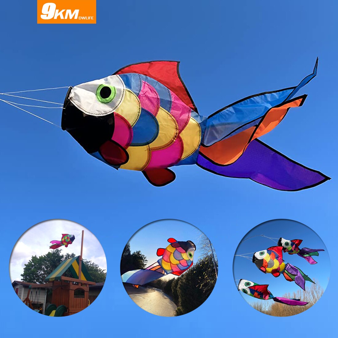 9Km Dwlife Kite Leuke Regenboog Vis Windzak Spinner Voor Yard En Tuin 32Inch 81Cm Koi Vis Outdoor duurzaam Opknoping Zware