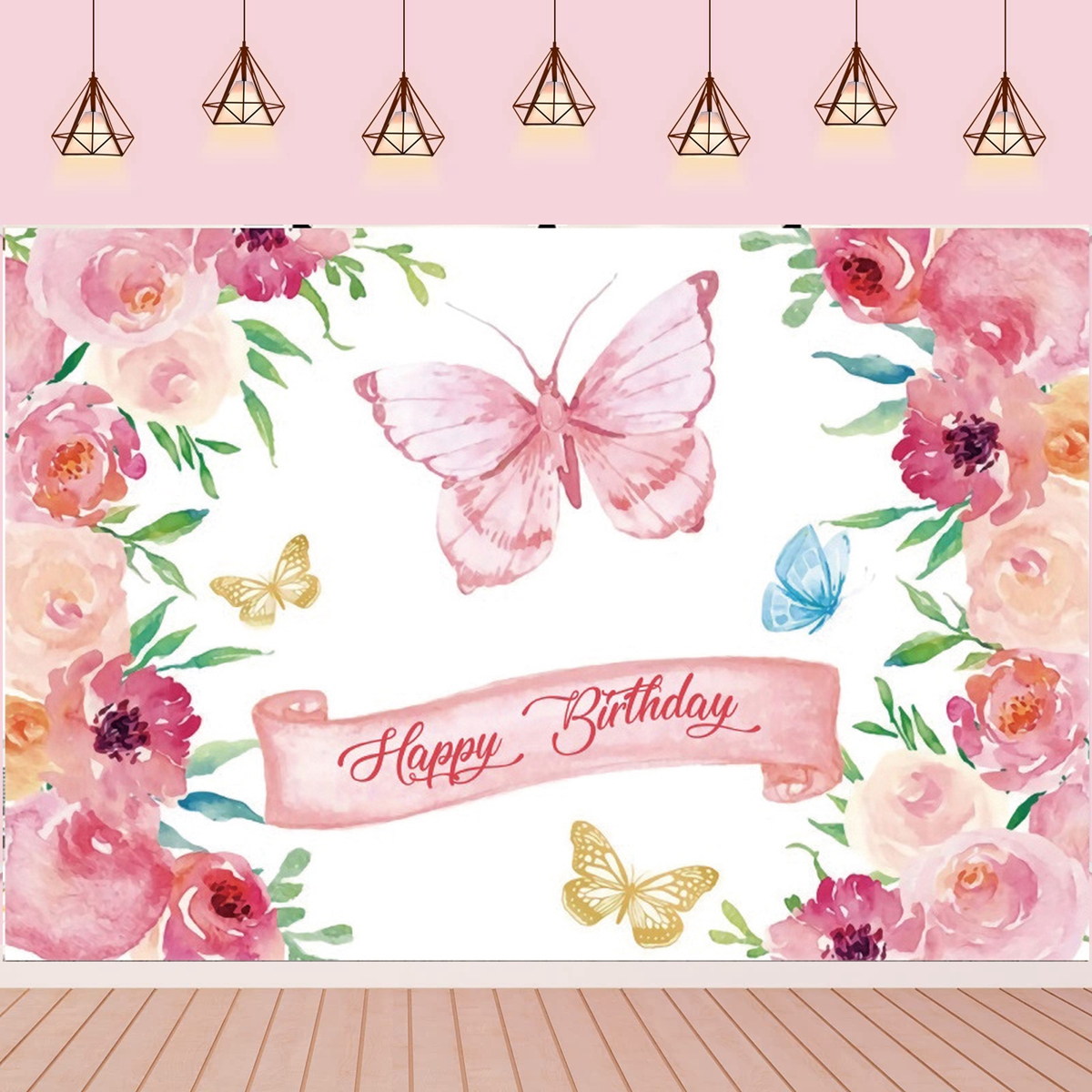 Pink Butterfly Birthday Party Backdrops Wedding Decorations Photo Booth Background Baby Shower Girl Hanging Flag Backdrop Props